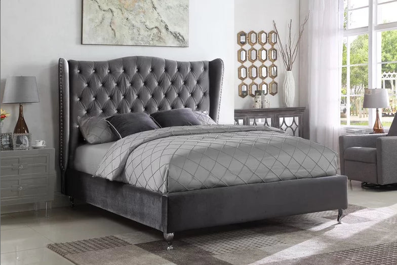 5520- Grey Velvet Fabric Bed